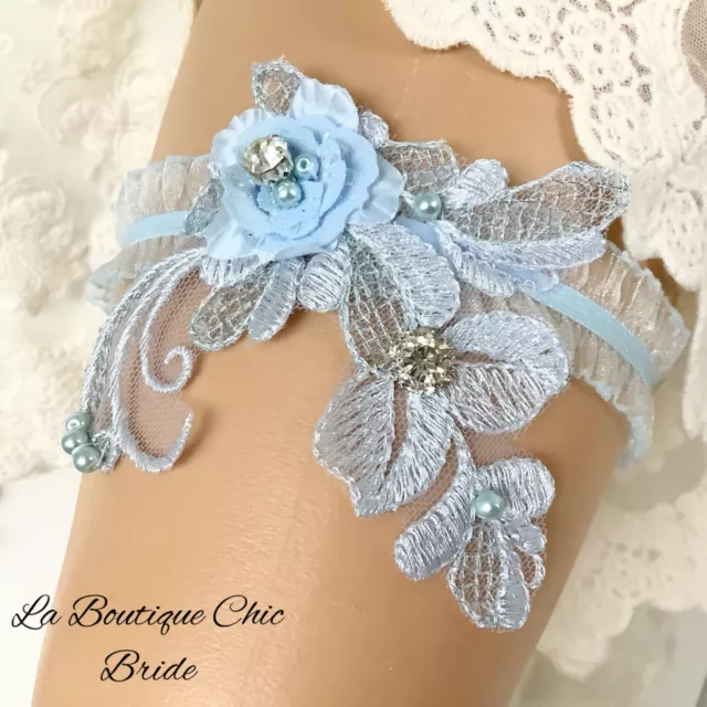 XS -L  Pale Blue Organza Lace Blue Pearl Crystal  Bridal Wedding Garter bride