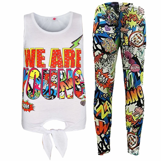 Girls Tops Kids We Are Young Print T Shirt Top & Comic Book Legging Set 7-13 Yr