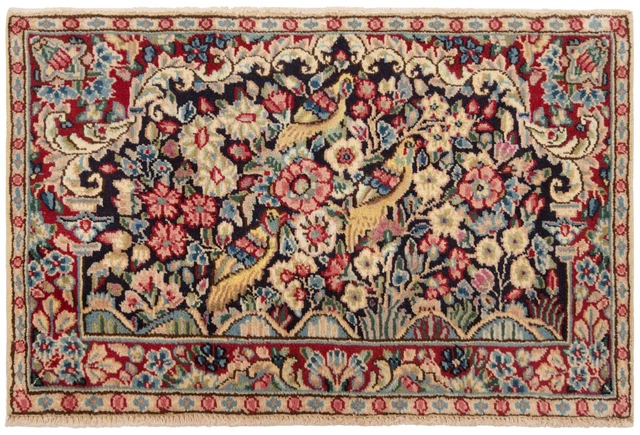 Tapis Persan Kerman Fait Main 85x60 Cm - Laine Et Coton - Motif Fleurs Oriental - Occasion