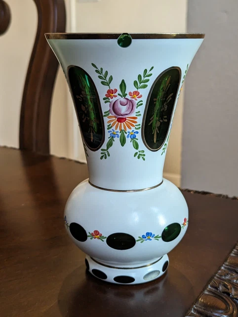 Vintage Czech Moser BOHEMIAN GLASS White Cased Cut to Green Vase Handpainted 7"