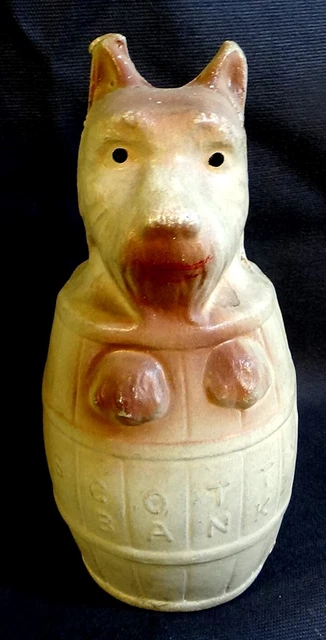 Chalkware scottish terrier in barrel bank - Scotty Bank
