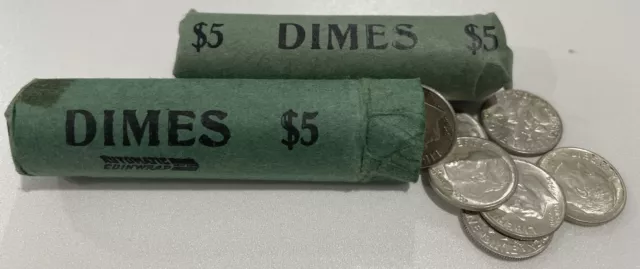 Two Rolls of 90% Silver Roosevelt Dimes $10 Face 100 Coins