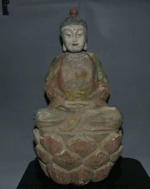 21.6" Chinese Wood Painting Carved Shakyamuni Amitabha Buddha Lotus Base Statue