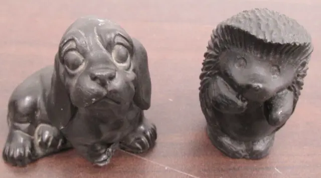 Kingmaker Welsh Coal Sculptures Handmade Hedgehog & Dog 2-2.5" Tall