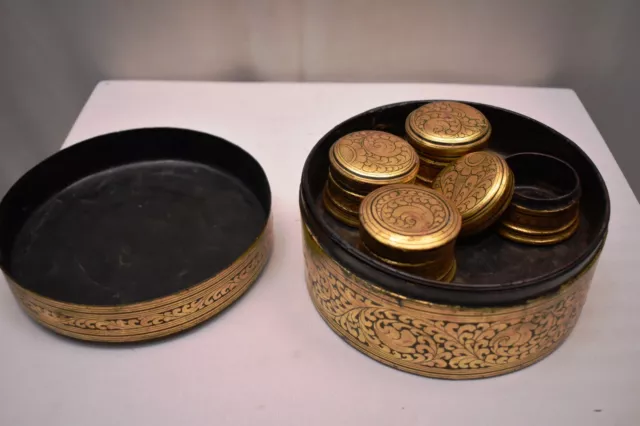 Antique Burmese Betel Nut Box Gilt Lacquerware Myanmar Floral Gold Painted Old"3 6