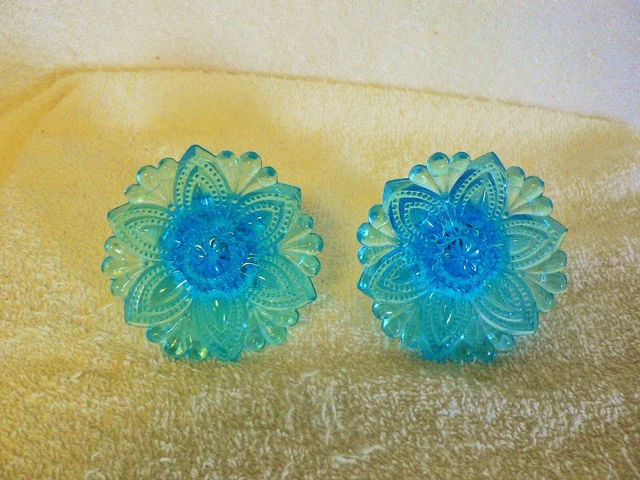 2~Antique Sandwich Glass Curtain Tie Backs Aqua Blue Original Hardware  2.75" D