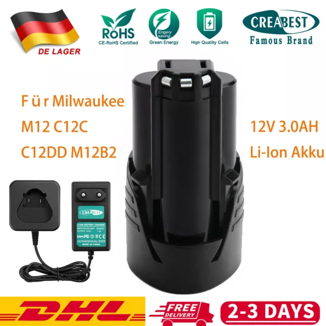 Für Milwaukee M12 M12PCG M12GG C12JSR M12CDD 12V 3000mAh Li-ion Akku/Ladegerät