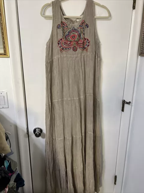 Solitaire Medium Brown Embroidered tiered Maxi Sun Dress Hippy boho Gauzy ￼