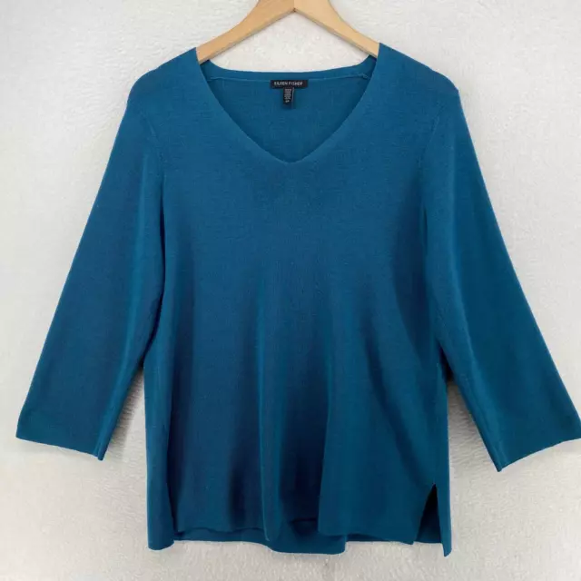 EILEEN FISHER Sweater Small Merino Wool Top V-Neck 3/4 Sleeve Pullover Blue