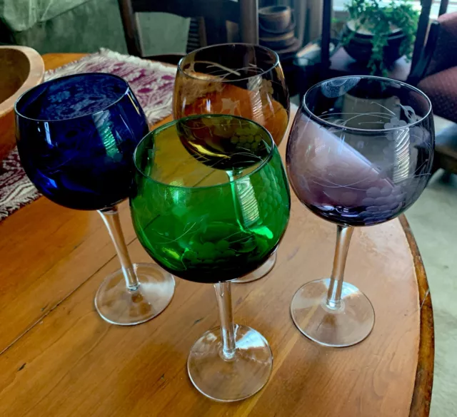 Stunning Gemstone Colored Set of 4 Balloon Style Etched Wine Glasses