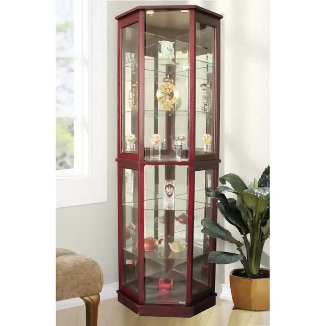 Lighted Corner Curio Cabinet Cherry Wood Antique Display Case Glass Shelving Lit