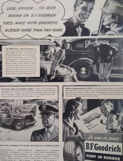 B.F. Goodrich Tire Print Ad Original Vintage 1940s WW2 Army Jeep 1st in Rubber