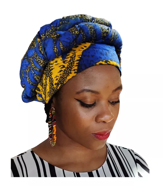 Blue and Gold African Print Modu Hat - Pre-tied Head wrap