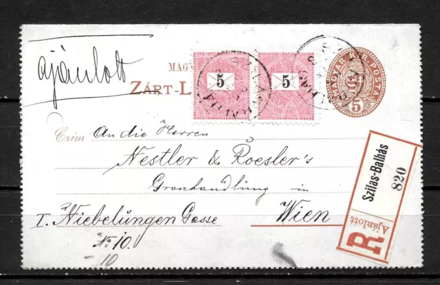 Hungary pair 5 Kr num stps reg 5 kr stat Zt postcard SZILAS-BALHIAS 1895 Austria