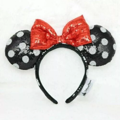 Disney Parks Mickey Cute Minnie Mouse Ears Black Sequins Red Bow Spots Headband