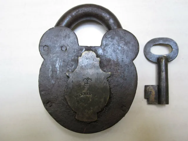 Old iron smoke house padlock or lock decorative key hole drop,
