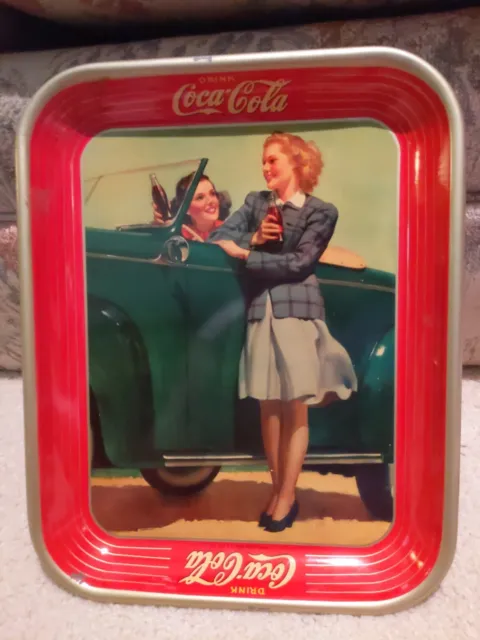 Vintage 1942 Metal Coca Cola Women In Green Car Drinking Coca Cola Tray