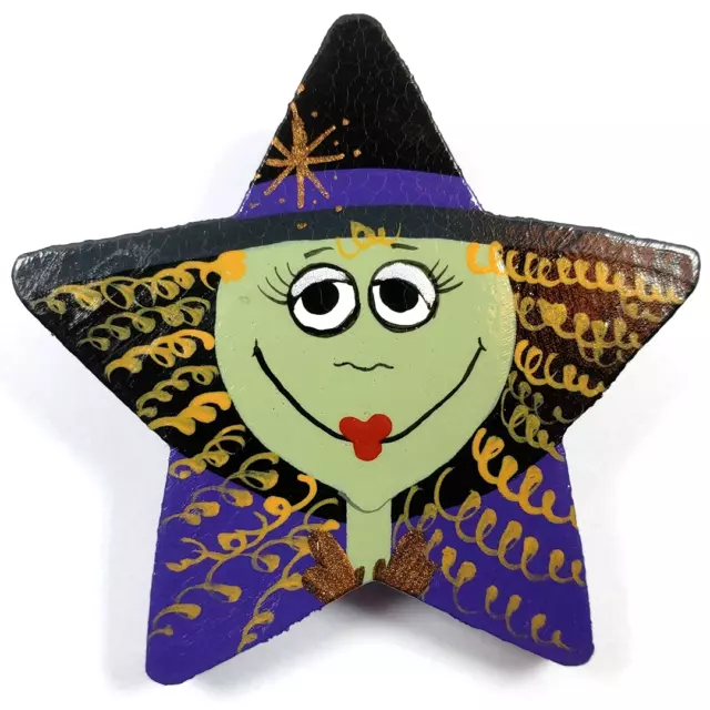 OoAK ARTISAN Hand Painted STAR-SHAPED WOOD BROOCH/ Pin~ Halloween WITCH by DAWN