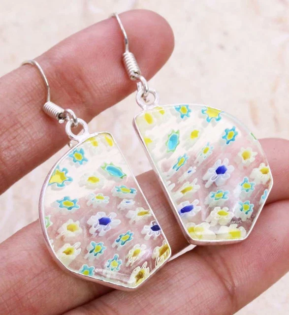 Dichroic Glass 925 Silver Plated Handmade Earrings of 1.7" Ethnic Gift