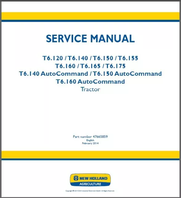 New Holland T6.120 T6.140 T6.150 T6.155 T6.160 T6.165 T6.175 Service Manual CD