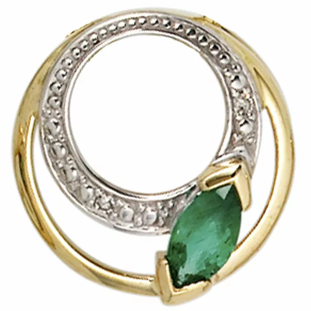 Ciondolo Con Smeraldo Verde & 2 Diamanti Brillanti 585 Oro Donna