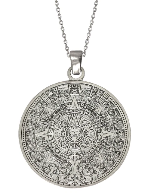 Aztec Solar Calendar 0.950 Silver 1" Pendant SS 20" Necklace