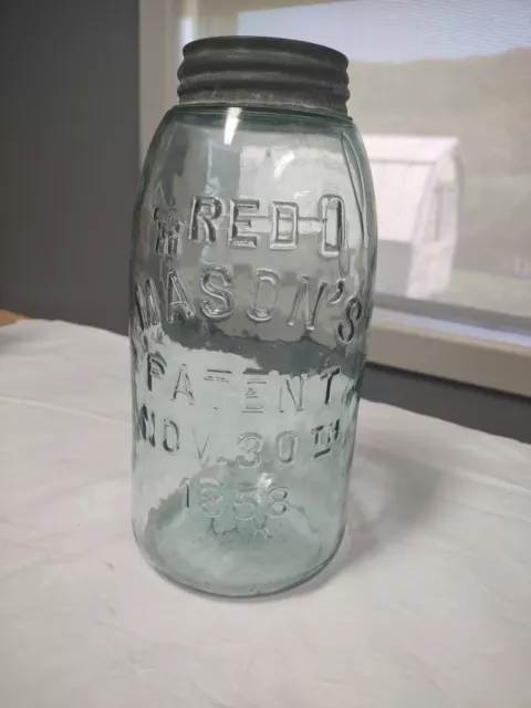 Vtg 1897~1902 RED KEY MASON'S PATENT NOV. 30TH 1858 AQUA  Fruit Jar ~ XXIV