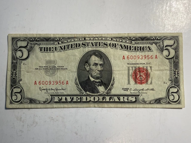 1963 Five Dollar Legal Tender Note Bill $5 Red Seal Currency Banknote