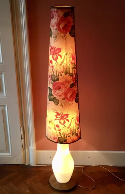 Vintage Stehlampe Leuchte 3fach Schaltung Opalglas Teak? Schirm floral 50er 60er