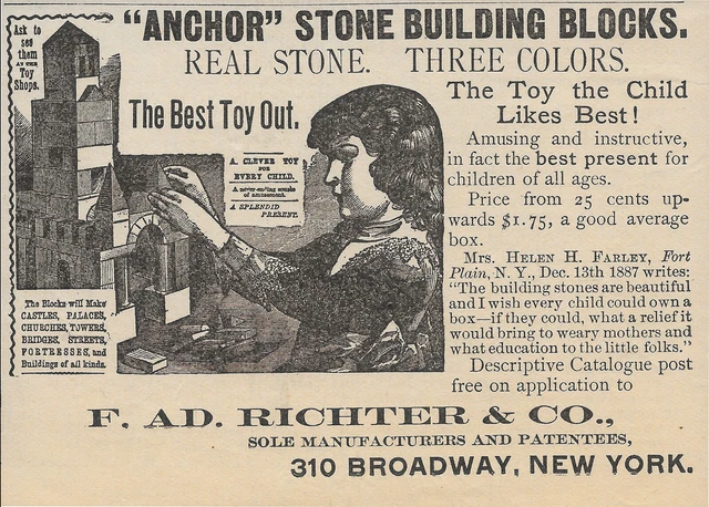 Toy Building Blocks 1888 Small Size Ad Real Stone Anchor F. Ad. Richter & Co NY