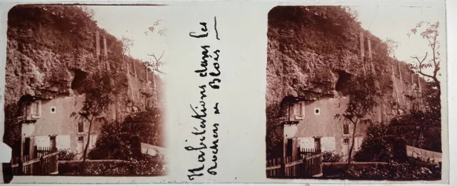 1908 ROCK HOUSES PHOTO GLASS PLATE 45x107 STEREOSCOPIC VIEW