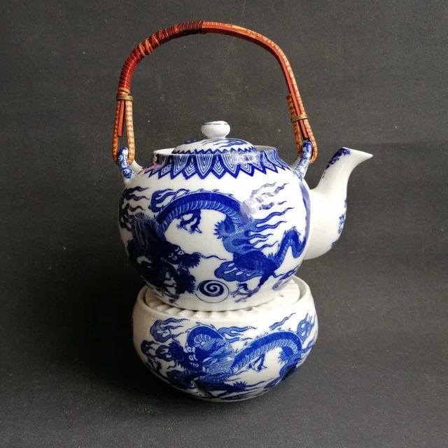 Japanische Teekanne & Stövchen Drache Blau Weiß TOP