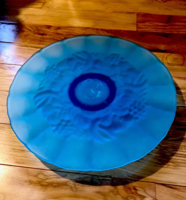 Vtg Large 13.5" Frosted Translucent Soft Blue Glass Cake Plate Serving Platter