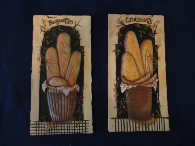 Wall Plaques 3 D By Kate McRostie Set Of 2 The Baguettes and Croissants 10 x 5