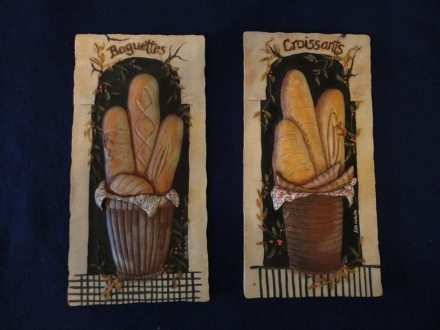 Wall Plaques 3 D By Kate McRostie Set Of 2 The Baguettes and Croissants 10 x 5