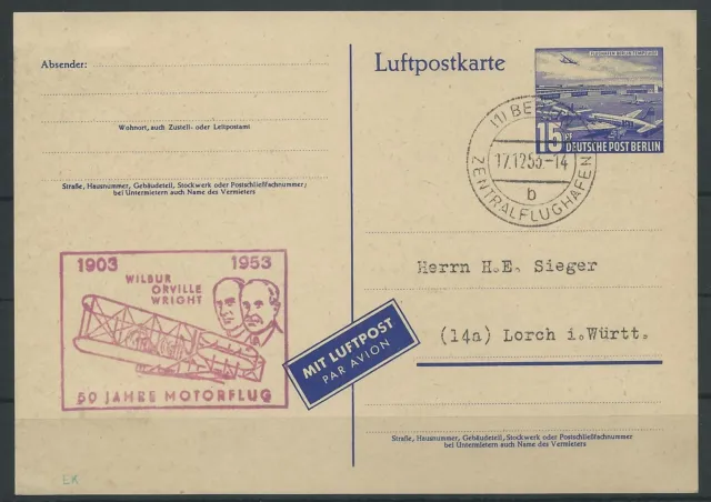 Berlin Luftpost-GA-Karte ab Berlin, 50 Jahre Motorflug, 1953 #1051445