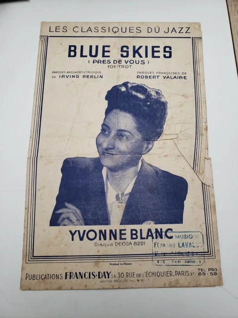 Partition De Musique yvonne blanc blue Skies  Collection Ancien