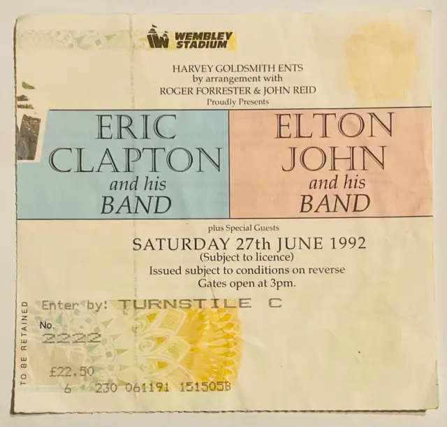 Eric Clapton Elton John Original Used Concert Ticket Wembley Stadium London 27th