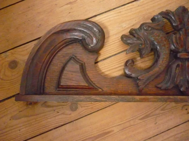Antique French Wood Carved Oak Gotic Dragon Pediment Architectural 3