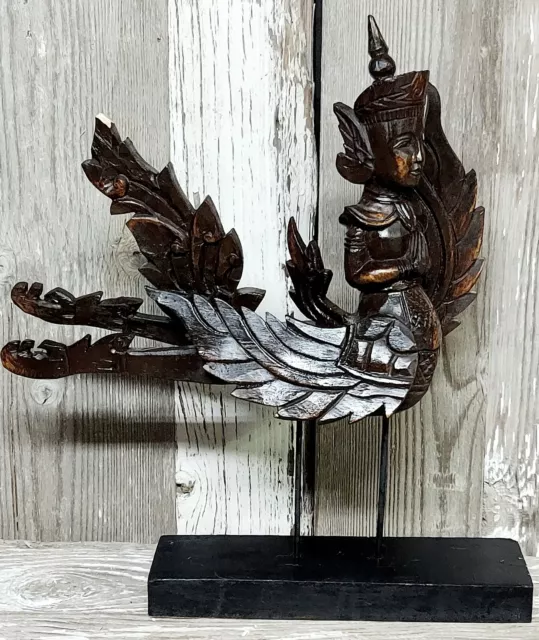 Vtg Burmese Thai Carved Wood Kannara/i Nat Spirit Deity Sculpture on Wood Stand