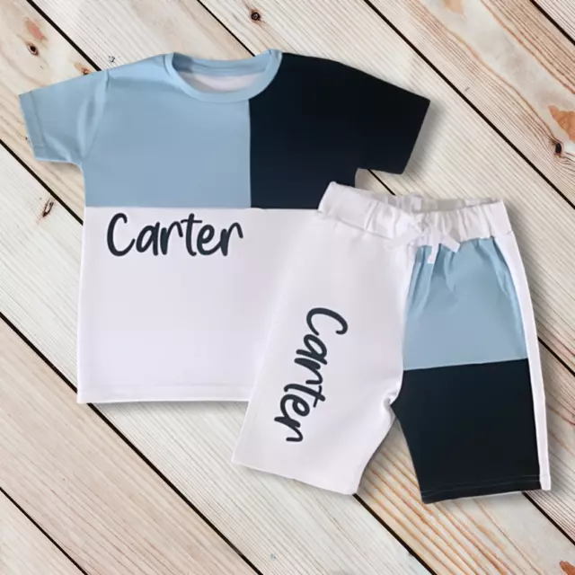 Personalised Name Kids T-Shirt and Short Set, Blue Or Grey Short Set, boys, girl