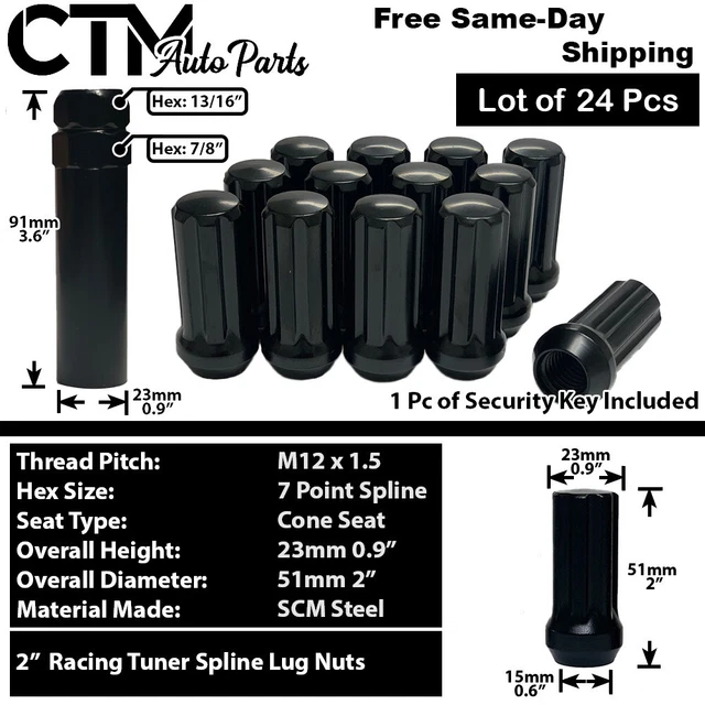 24x Black 2" Tall M12x1.5 Spline Tuner Wheel Lug Nut + Key Fit 6Lug Wheel Model