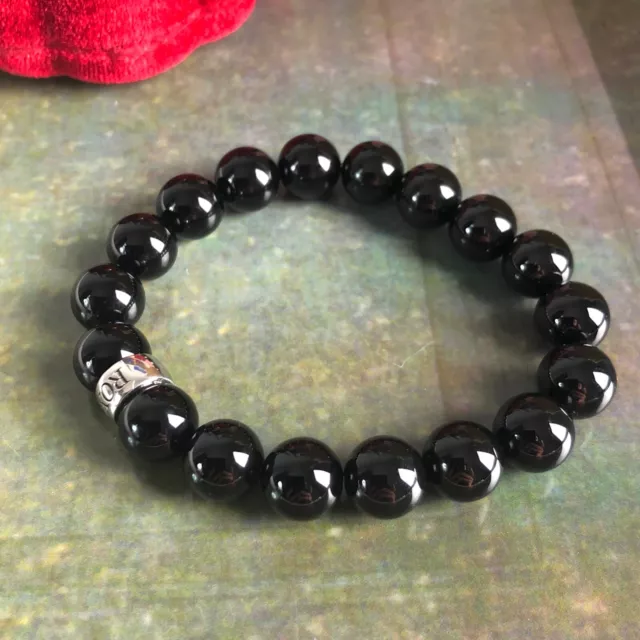 ROX Black Obsidian Gemstone Bead 925 Sterling Silver Charm Stretch Bracelet