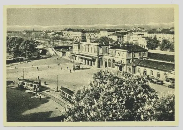 723] TORINO STAZIONE DI PORTA SUSA Esterno dall'alto con tram Viaggiata 1949