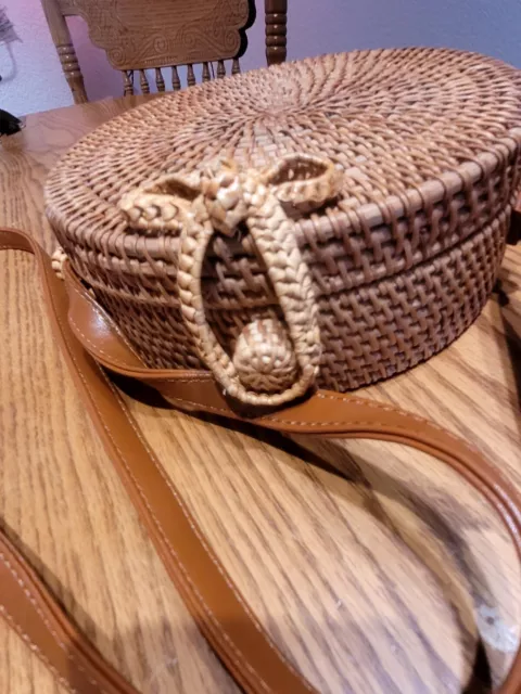 Round Rattan Straw Bag Wicker Purse Blue Fabric Lining  Boho Women Cross Body
