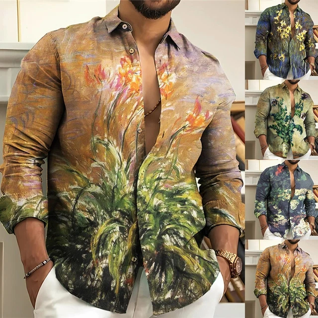 Camicia vintage uomo casual abbottonata retrò stampa a olio manica lunga top