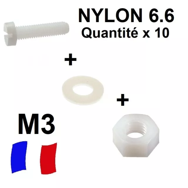 10 vis tête fendue M3 x 10 + écrous et rondelles nylon plastique bricolage