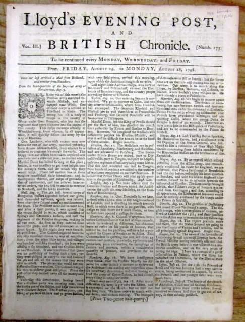 1758 newspaper CAPTURE of LOUISBOURG Canada by British n THE FRENCH & INDIAN WAR