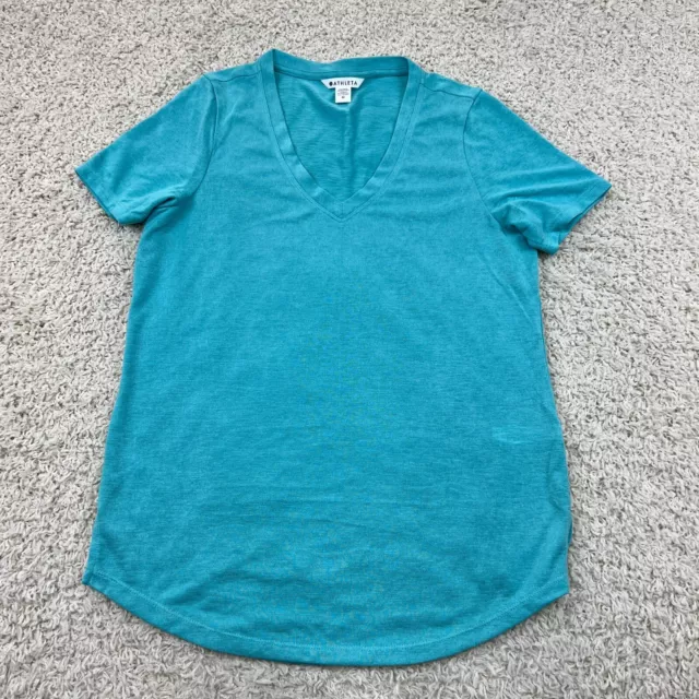 Athleta Breezy Scoop V-Neck Tee T Shirt Womens Medium Blue Knit Short Sleeve