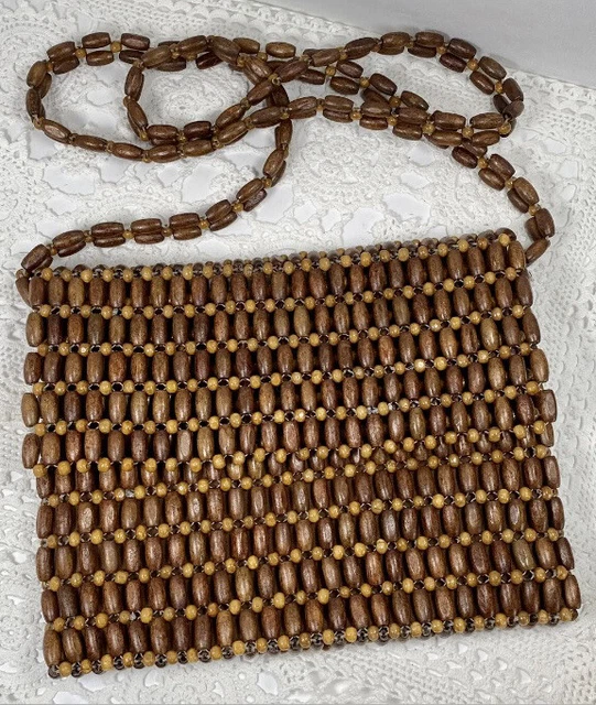 Sigrid Olsen Natural Wood Beaded Crossbody Bag Flap Closure Boho Summer
